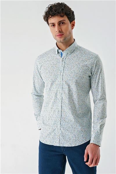 Beyaz Uzun Kollu Baskılı  Sert Yaka Cepsiz  Pamuklu Likralı Klasik Slim Fit Gömlek 1004240143