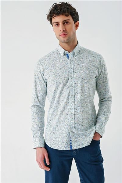Beyaz Uzun Kollu Baskılı  Sert Yaka Cepsiz  Pamuklu Likralı Klasik Slim Fit Gömlek 1004240143