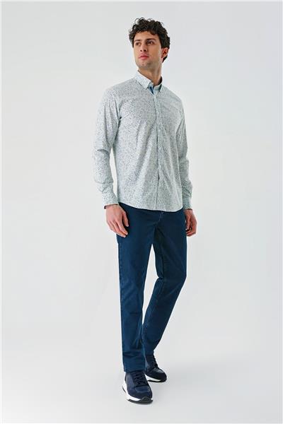 Beyaz Uzun Kollu Baskılı  Sert Yaka Cepsiz  Pamuklu Likralı Klasik Slim Fit Gömlek 1004240143