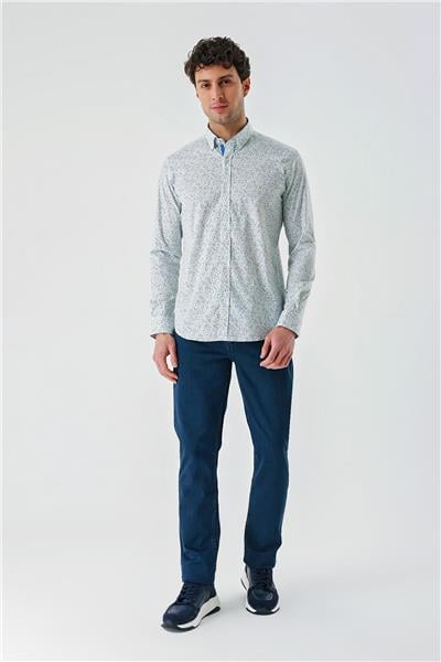 Beyaz Uzun Kollu Baskılı  Sert Yaka Cepsiz  Pamuklu Likralı Klasik Slim Fit Gömlek 1004240143