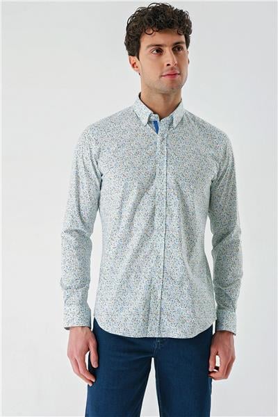 Beyaz Uzun Kollu Baskılı  Sert Yaka Cepsiz  Pamuklu Likralı Klasik Slim Fit Gömlek 1004240143