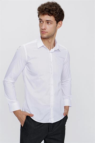 Uzun Kollu Bez Ayağı Sert Yaka Cepsiz Pamuklu Basic Slim Fit Dar Kesim Gömlek 1004240057