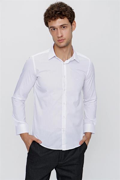 Uzun Kollu Bez Ayağı Sert Yaka Cepsiz Pamuklu Basic Slim Fit Dar Kesim Gömlek 1004240057