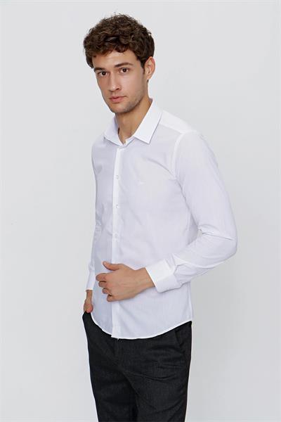 Uzun Kollu Bez Ayağı Sert Yaka Cepsiz Pamuklu Basic Slim Fit Dar Kesim Gömlek 1004240057