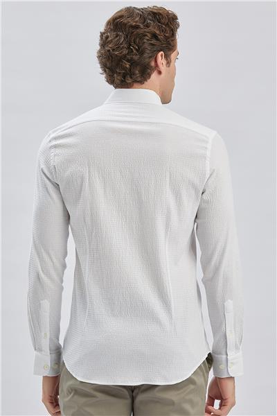 Beyaz Uzun Kollu Biritli Yaka Biyeli Pamuklu Likralı Casual Slim Fit Dar Kesim Gömlek 1004240232