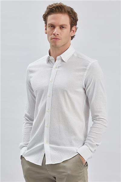 Beyaz Uzun Kollu Biritli Yaka Biyeli Pamuklu Likralı Casual Slim Fit Dar Kesim Gömlek 1004240232