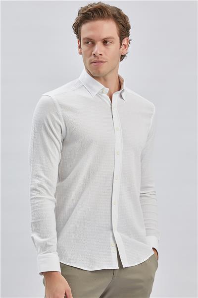 Beyaz Uzun Kollu Biritli Yaka Biyeli Pamuklu Likralı Casual Slim Fit Dar Kesim Gömlek 1004240232