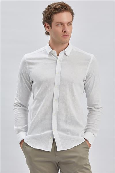 Beyaz Uzun Kollu Biritli Yaka Biyeli Pamuklu Likralı Casual Slim Fit Dar Kesim Gömlek 1004240232