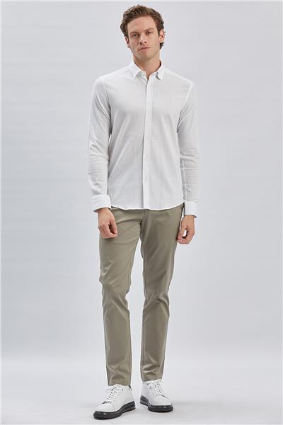 Beyaz Uzun Kollu Biritli Yaka Biyeli Pamuklu Likralı Casual Slim Fit Dar Kesim Gömlek 1004240232