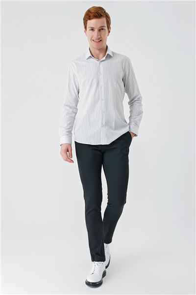 Beyaz Uzun Kollu Çizgili Armürlü Cepsiz Pamuklu Klasik Slim Fit Dar Kesim Gömlek 1004240229