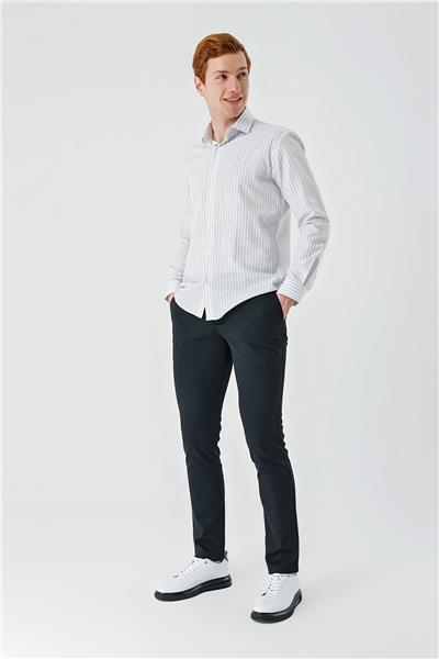 Beyaz Uzun Kollu Çizgili Armürlü Cepsiz Pamuklu Klasik Slim Fit Dar Kesim Gömlek 1004240229