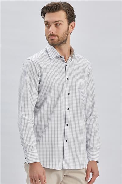 Beyaz Uzun Kollu Ekoseli Sert Yaka Cepli Pamuklu Klasik Comfort Fit Rahat Kesim Gömlek 1004240223