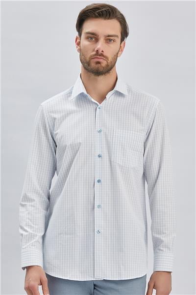 Beyaz Uzun Kollu Ekoseli Sert Yaka Cepli Pamuklu Klasik Comfort Fit Rahat Kesim Gömlek 1004240223