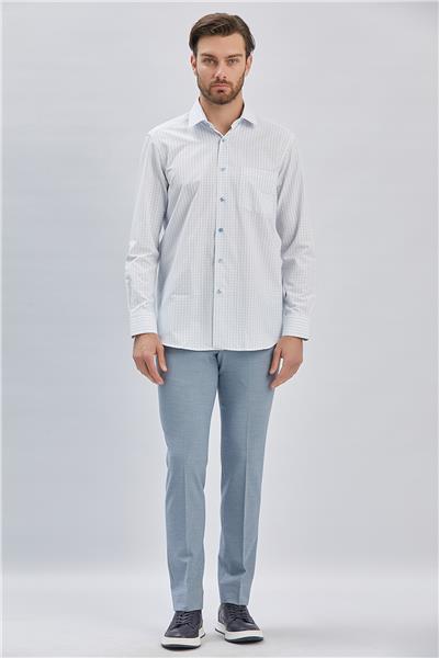 Beyaz Uzun Kollu Ekoseli Sert Yaka Cepli Pamuklu Klasik Comfort Fit Rahat Kesim Gömlek 1004240223