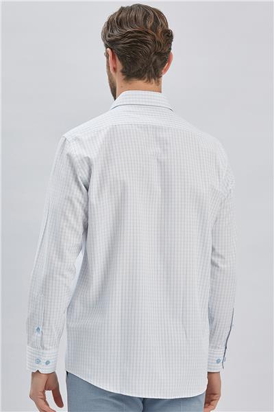 Beyaz Uzun Kollu Ekoseli Sert Yaka Cepli Pamuklu Klasik Comfort Fit Rahat Kesim Gömlek 1004240223