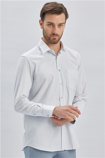 Beyaz Uzun Kollu Ekoseli Sert Yaka Cepli Pamuklu Klasik Comfort Fit Rahat Kesim Gömlek 1004240223