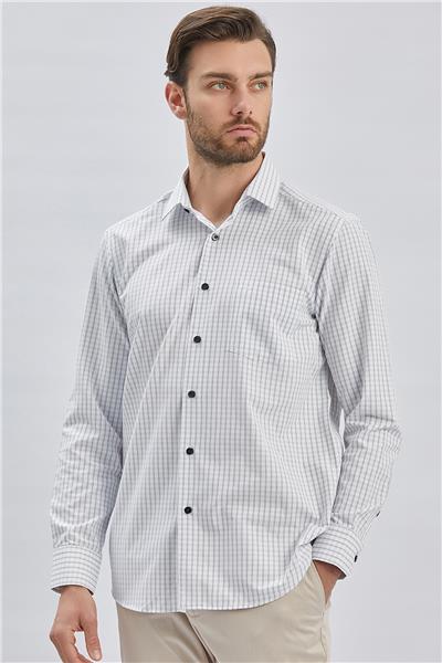 Beyaz Uzun Kollu Ekoseli Sert Yaka Cepli Pamuklu Klasik Comfort Fit Rahat Kesim Gömlek 1004240223