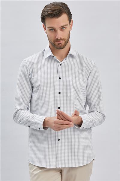 Beyaz Uzun Kollu Ekoseli Sert Yaka Cepli Pamuklu Klasik Comfort Fit Rahat Kesim Gömlek 1004240223
