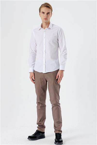 Beyaz Uzun Kollu Filafil  Sert Yaka Cepsiz  Pamuklu Basic Slim Fit Dar Kesim Gömlek 1004240008