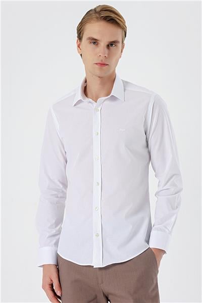 Beyaz Uzun Kollu Filafil  Sert Yaka Cepsiz  Pamuklu Basic Slim Fit Dar Kesim Gömlek 1004240008