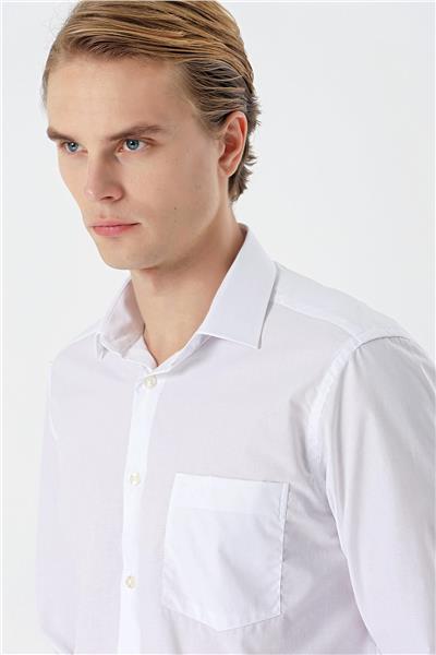 Beyaz Uzun Kollu Filafil  Sert Yaka Cepli  Pamuklu Basic Comfort Fit Gömlek 1004240002