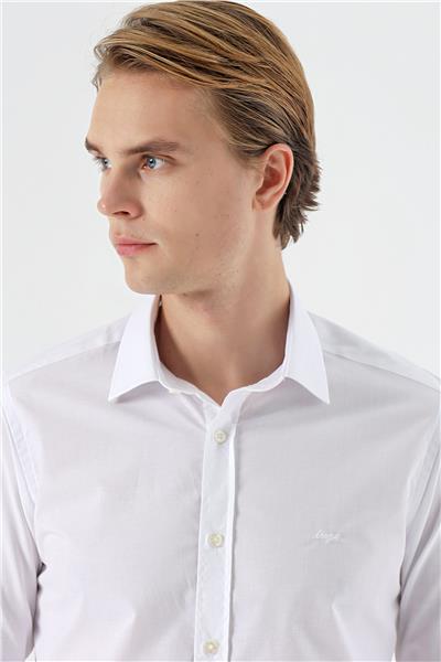 Beyaz Uzun Kollu Filafil  Sert Yaka Cepsiz  Pamuklu Basic Slim Fit Dar Kesim Gömlek 1004240008