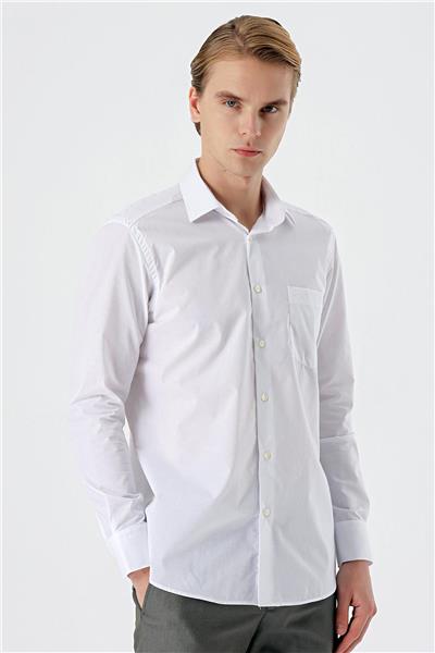 Beyaz Uzun Kollu Filafil  Sert Yaka Cepli  Pamuklu Basic Comfort Fit Gömlek 1004240002