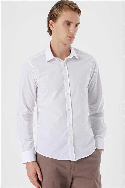 Beyaz Uzun Kollu Filafil  Sert Yaka Cepsiz  Pamuklu Basic Slim Fit Dar Kesim Gömlek 1004240008