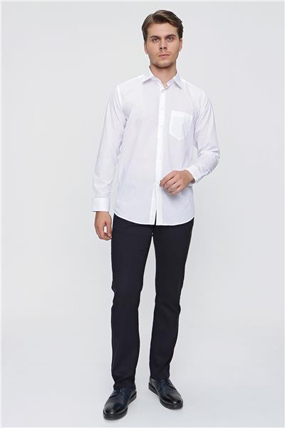 Beyaz Uzun Kollu Sert Yaka Cepli Pamuklu Basic Comfort Fit Rahat Kesim Gömlek 1004240051
