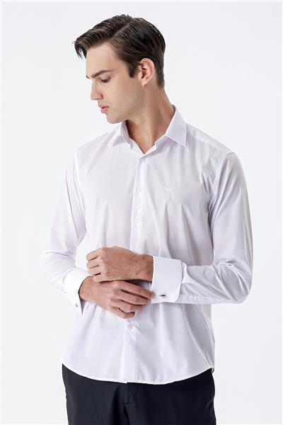 Uzun Kollu Sert Yaka Cepsiz Pamuklu Basic Slim Fit Dar Kesim Gömlek 1004240059