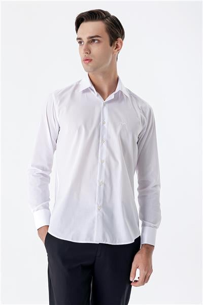 Uzun Kollu Sert Yaka Cepsiz Pamuklu Basic Slim Fit Dar Kesim Gömlek 1004240059