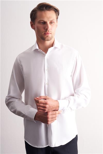 Beyaz Yarım İtalyan Yaka Kendinden Desenli Uzun Kol Premium Slim Fit %100 Pamuk Gömlek 1004255192