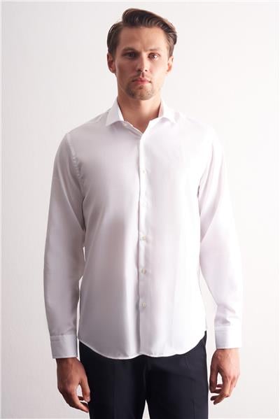 Beyaz Yarım İtalyan Yaka Kendinden Desenli Uzun Kol Premium Slim Fit %100 Pamuk Gömlek 1004255192