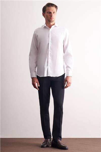 Beyaz Yarım İtalyan Yaka Kendinden Desenli Uzun Kol Premium Slim Fit %100 Pamuk Gömlek 1004255192