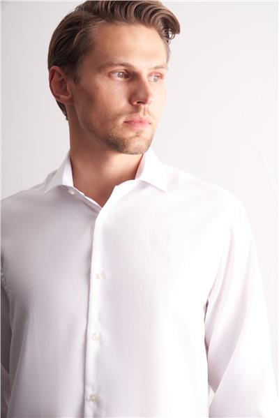 Beyaz Yarım İtalyan Yaka Kendinden Desenli Uzun Kol Premium Slim Fit %100 Pamuk Gömlek 1004255192