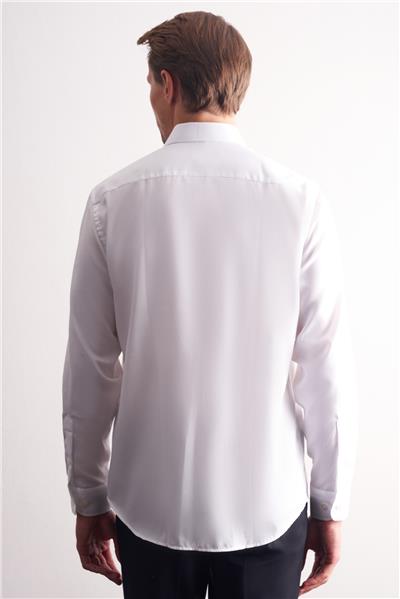 Beyaz Yarım İtalyan Yaka Kendinden Desenli Uzun Kol Premium Slim Fit %100 Pamuk Gömlek 1004255192
