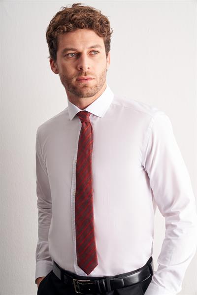 Beyaz Yarım İtalyan Yaka Uzun Kol Easy To Iron Slim Fit Pamuklu Gömlek 1004255301