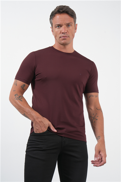 Bordo Bisiklet Yaka Kısa Kol Örme Standart Fit Esnek Tişört 1011260251