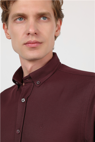 Bordo Düğmeli Yaka Uzun Kol Cepsiz Slim Fit Pamuklu Gömlek 1004260203