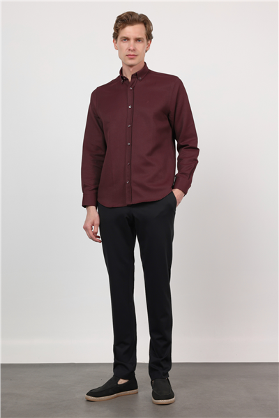 Bordo Düğmeli Yaka Uzun Kol Cepsiz Slim Fit Pamuklu Gömlek 1004260203