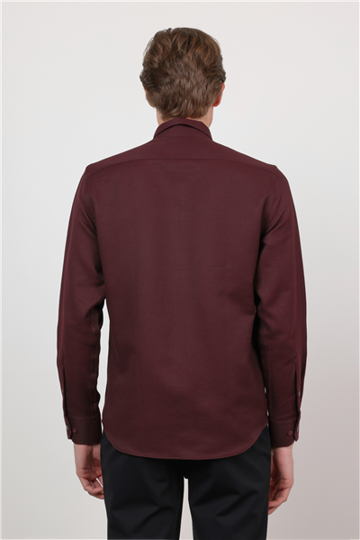 Bordo Düğmeli Yaka Uzun Kol Cepsiz Slim Fit Pamuklu Gömlek 1004260203