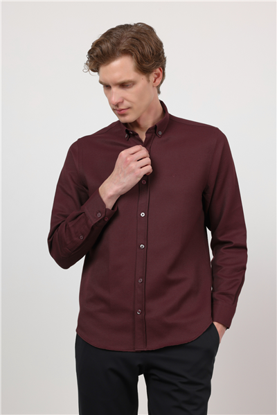 Bordo Düğmeli Yaka Uzun Kol Cepsiz Slim Fit Pamuklu Gömlek 1004260203