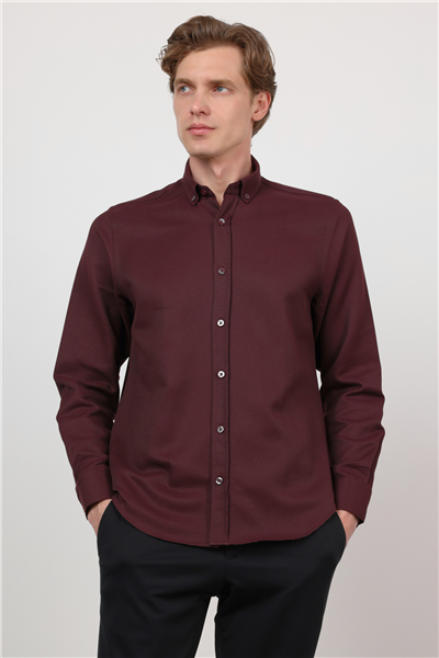 Bordo Düğmeli Yaka Uzun Kol Cepsiz Slim Fit Pamuklu Gömlek 1004260203