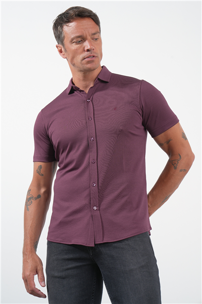 Bordo İtalyan Yaka Kısa Kol Cepsiz Slim Fit Pamuklu Gömlek 1004260158