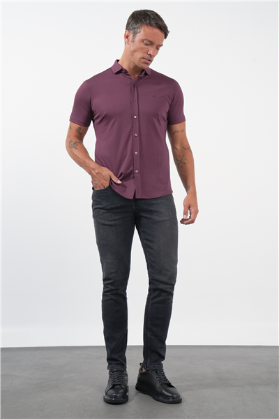 Bordo İtalyan Yaka Kısa Kol Cepsiz Slim Fit Pamuklu Gömlek 1004260158