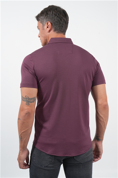 Bordo İtalyan Yaka Kısa Kol Cepsiz Slim Fit Pamuklu Gömlek 1004260158