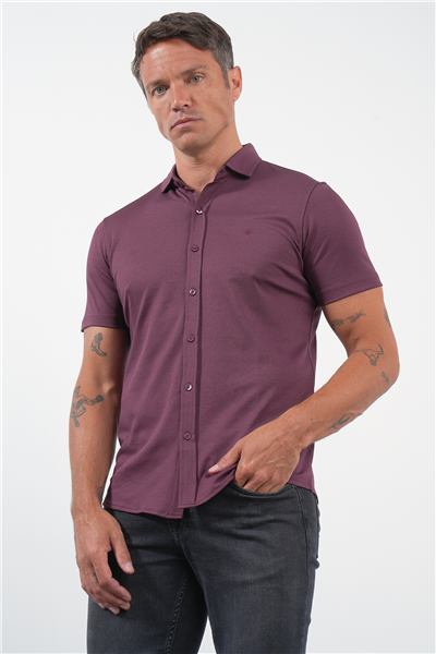 Bordo İtalyan Yaka Kısa Kol Cepsiz Slim Fit Pamuklu Gömlek 1004260158