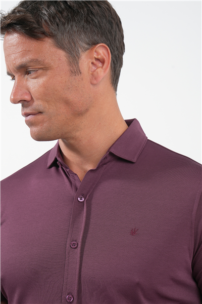 Bordo İtalyan Yaka Kısa Kol Cepsiz Slim Fit Pamuklu Gömlek 1004260158