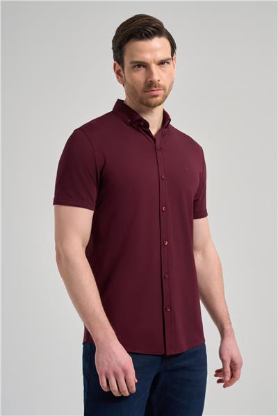Bordo Kısa Kol Düz Örme İtalyan Yaka Cepsiz Pamuklu Classic Slim Fit Gömlek 1004250156