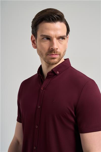 Bordo Kısa Kol Düz Örme İtalyan Yaka Cepsiz Pamuklu Classic Slim Fit Gömlek 1004250156